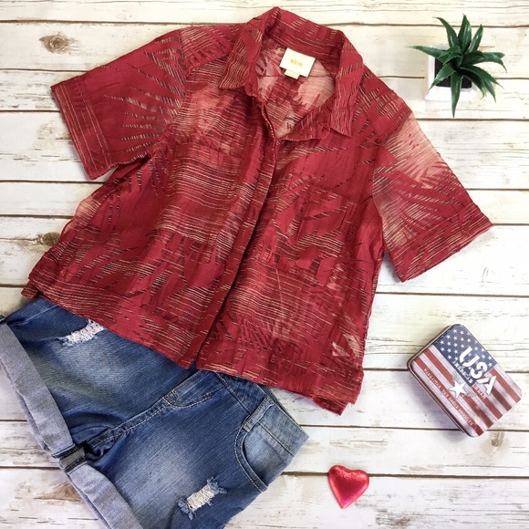 Anthropologie Tops - Anthropologie Maeve Red Sheer Textured Crop Blouse